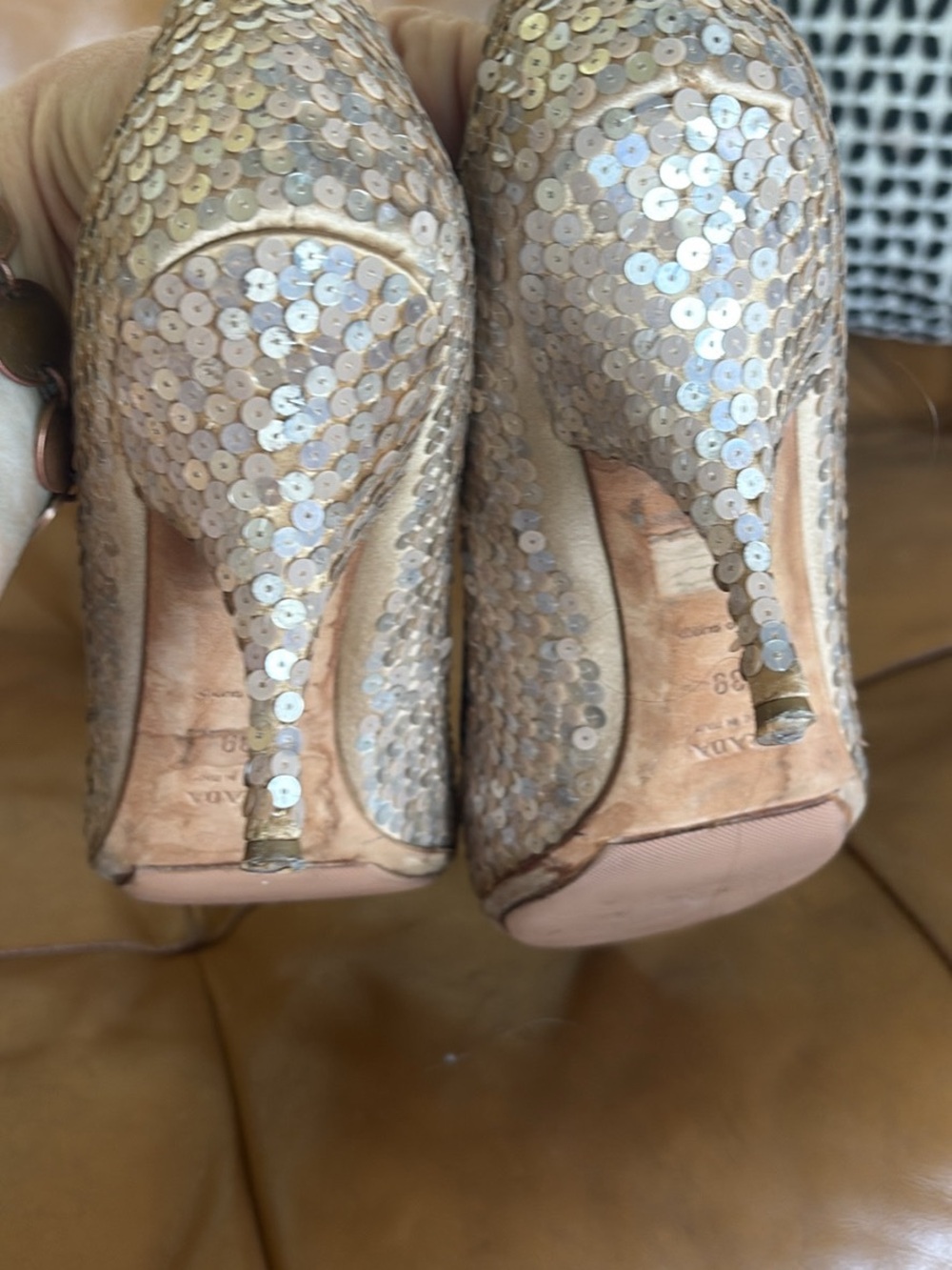 Prada Pink Sequin Pumps with Black Cap Toe and Bow - Picture 3 of 7